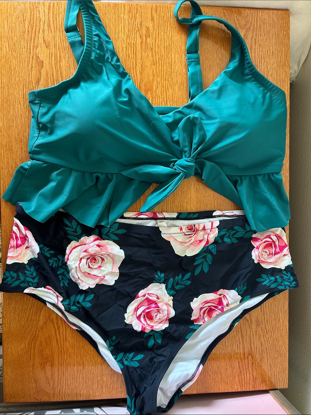 Cupshe Teal Tie-Front Top with Navy Floral High-Waist Bikini